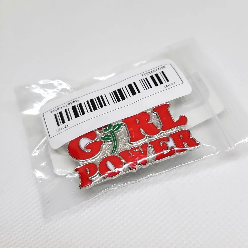 Girl Power Red Rose Enamel Pin Brooch · Red Silver Tone · 1 ½ Inch Wide · New